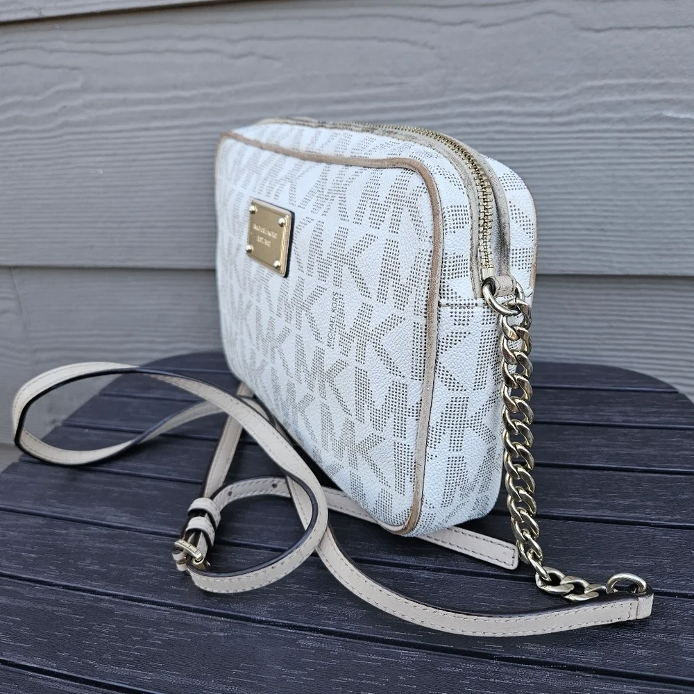 Michael Kors White Fulton Monogram Logo Crossbody Purse Gold Chain Small Bag